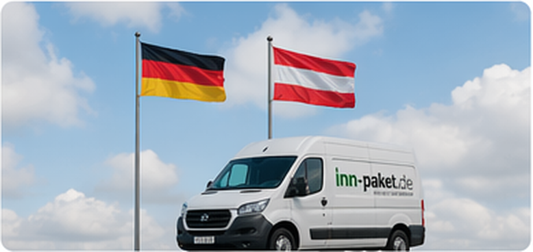 Inn-Paket-Lieferwagen vor deutschen und österreichischen Flaggen